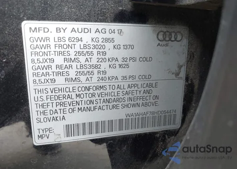 2017 Audi Q7 2.0T Premium из США, поврежденный, VIN WA1AHAF78HD054474